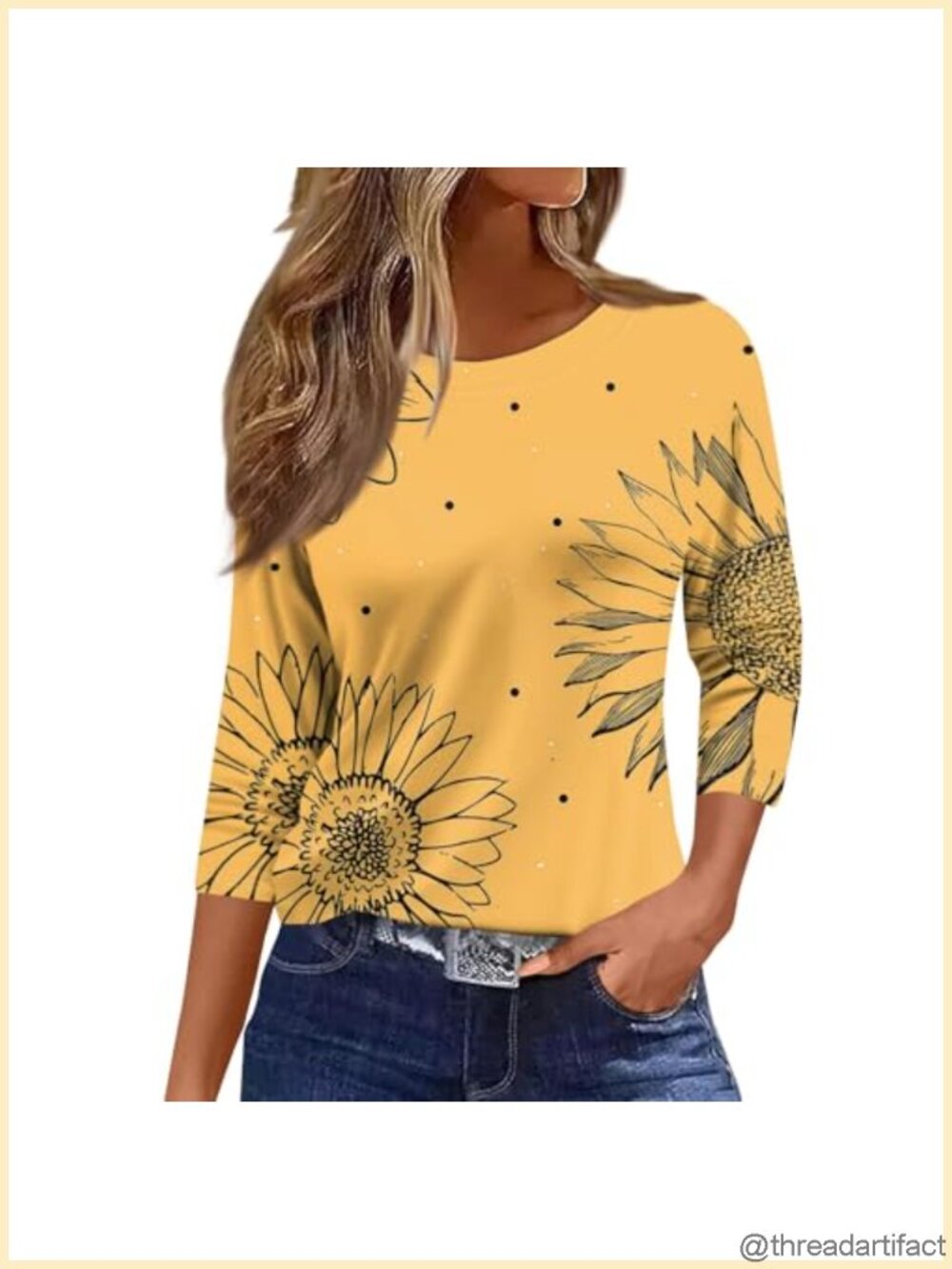 Womens 3/4 Sleeve Round Neck Print Loose Fit Tunic Blouse
